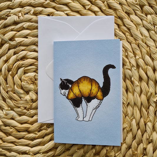 CROISSANT CAT GREETING CARD - STRECHING CAT